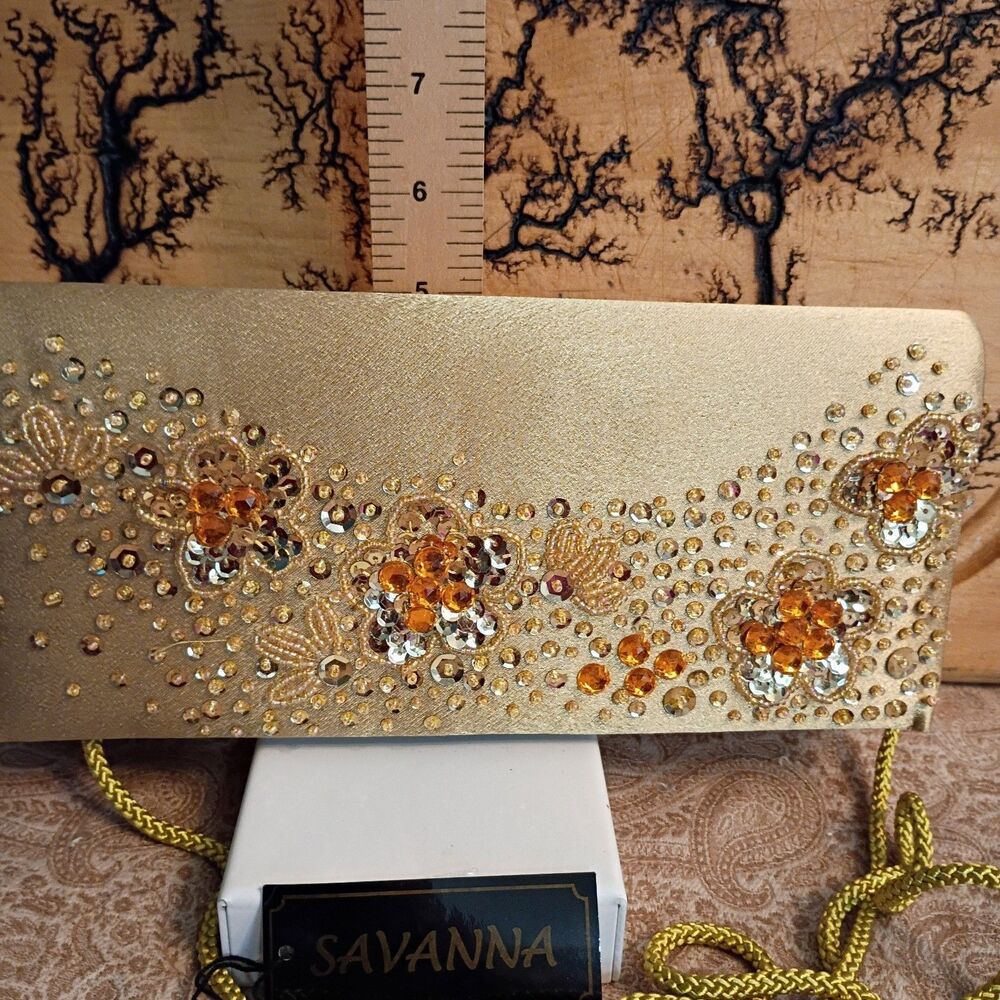 New With Tag Savanna Gold Satin Beaded Floral Clutch  Amber Rhinestone  Purse